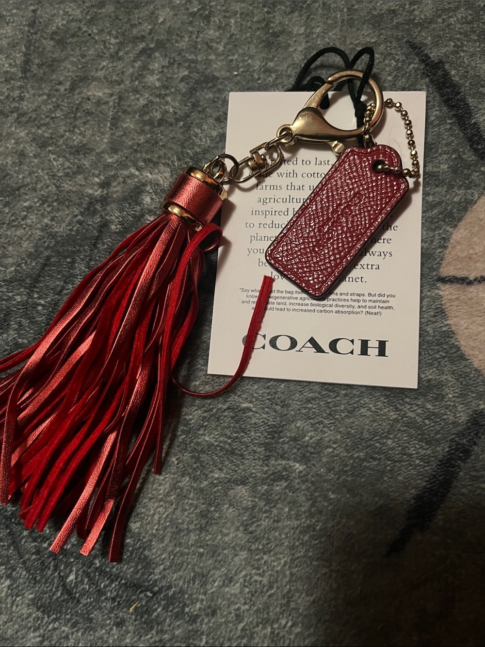 Coach Red Leather Tassel Key & Card Holder Charm with Gold Hardware